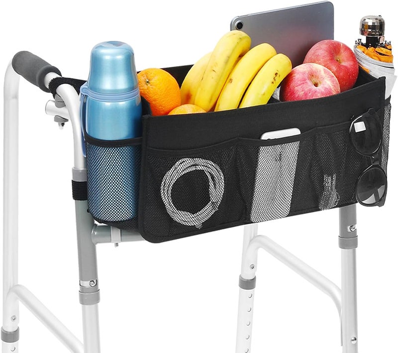 CTWWFS Upgrade Walker Basket with Cup Holder, Foldable Walker Storage Bag for Seniors with Big Capacity & Never Tipping Over, Best Gift for Family - Image 1